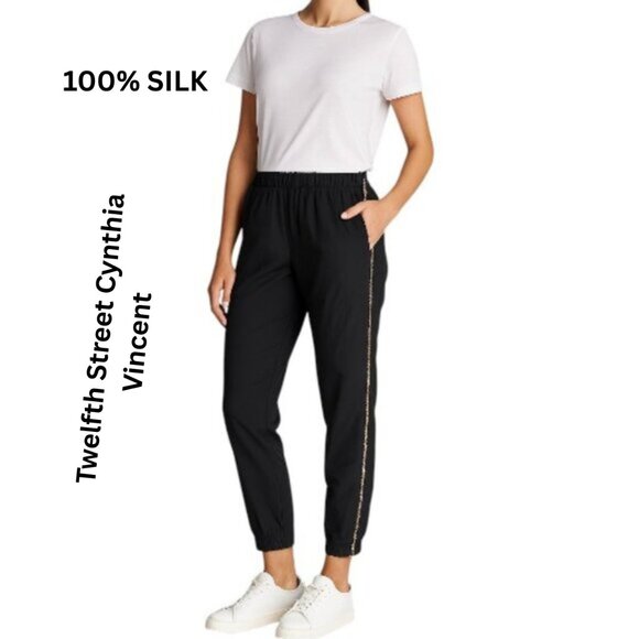 100% silk Twelfth Street Cynthia Vincent Black Jogger Pants Women’s Size L - Picture 1 of 16